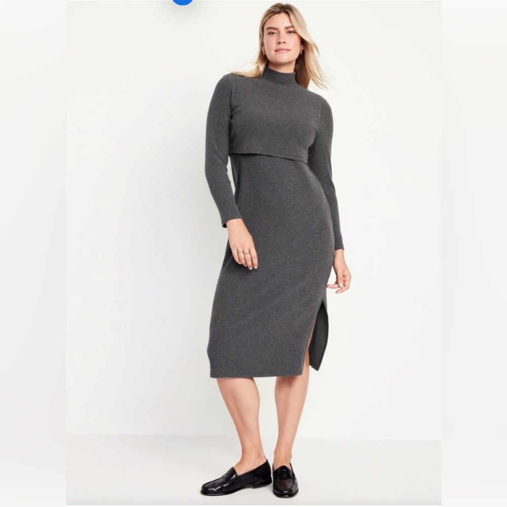 Old Navy Maternity Grey Mock Neck Double Layer Nursing Midi Dress